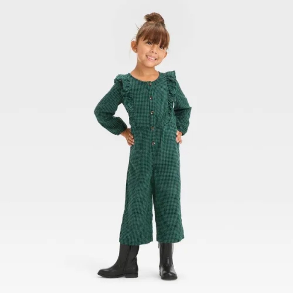 Cat & Jack Girl 5T Romper Ruffle Jumpsuit Forest Green Plaid Houndstooth Pattern